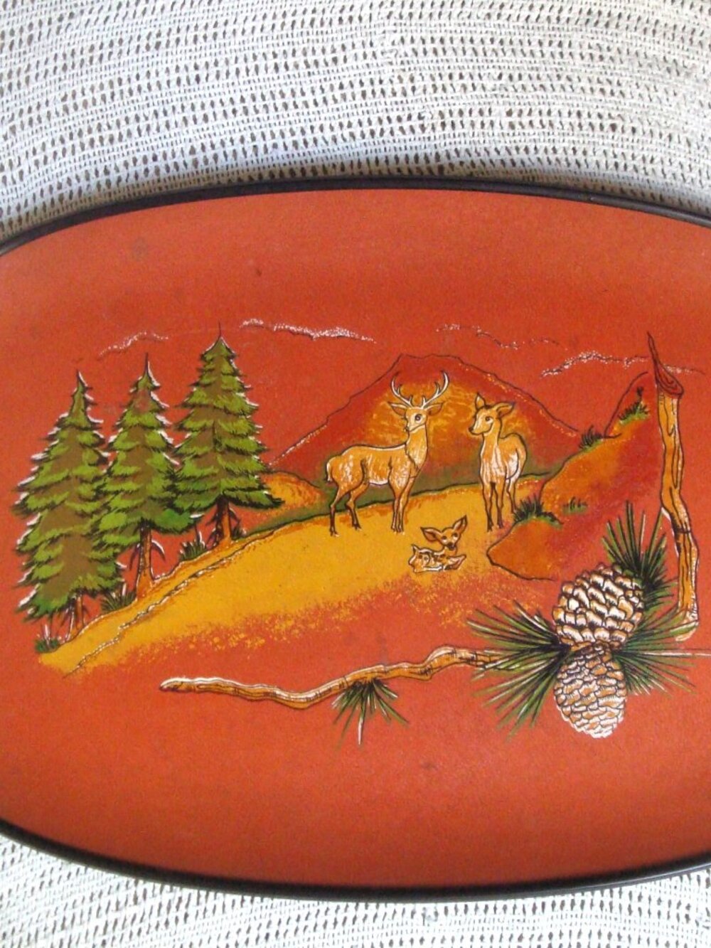 Vintage Cabincore Woodland Deer Scene Oval Tray